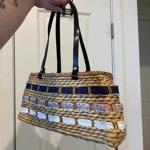 Roxy denim and straw tote bag with floral and lace trim #y2k beach picnic main image 5